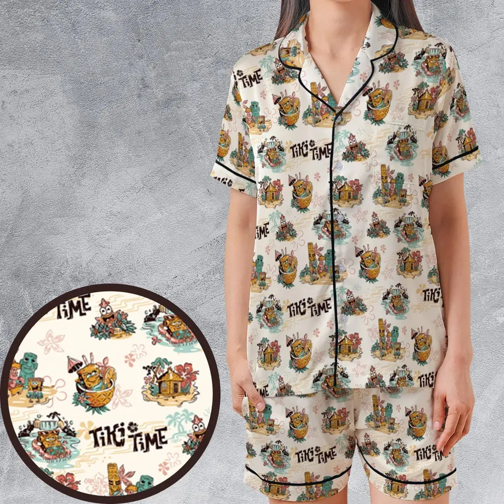 Patrick Squidward SpongeBob SquarePants Aloha Satin Short-Sleeve Pajamas Set - 1