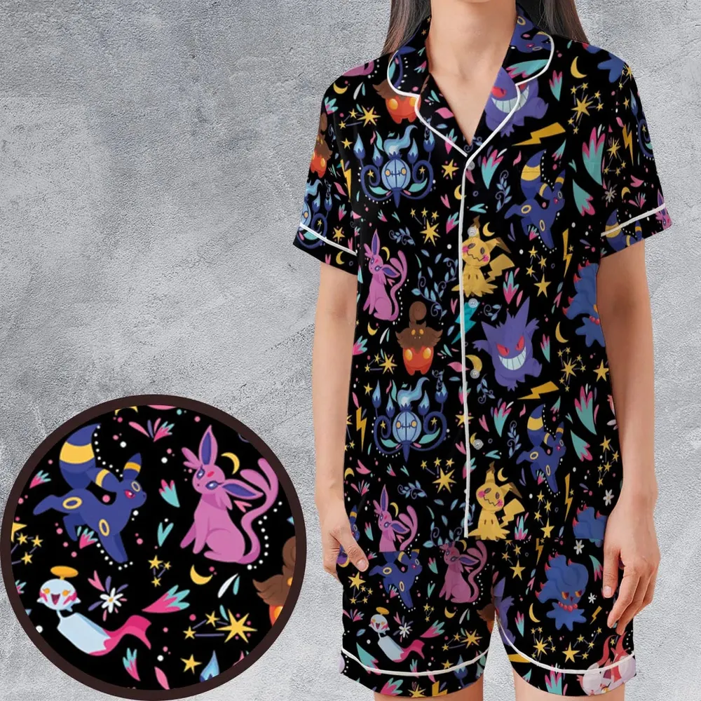 Ghost Buddies Cottagecore Pokemon Patterns Satin Short-Sleeve Pajamas Set - 1