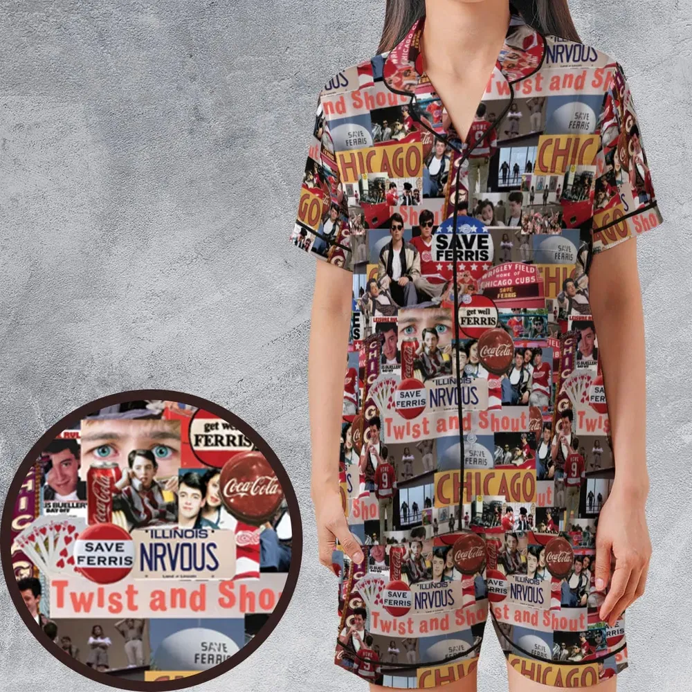 Vintage Aesthetic Ferris Bueller's Day Off Satin Short-Sleeve Pajamas Set - 1
