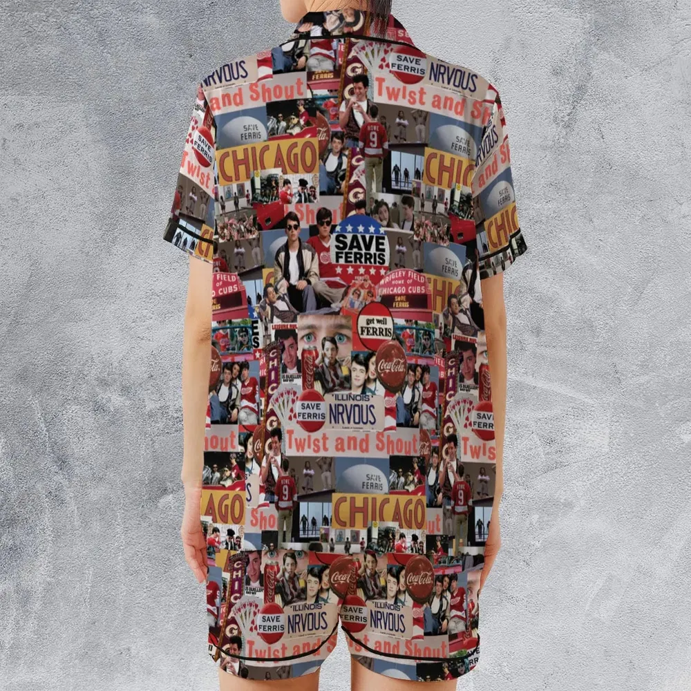 Vintage Aesthetic Ferris Bueller's Day Off Satin Short-Sleeve Pajamas Set - 2