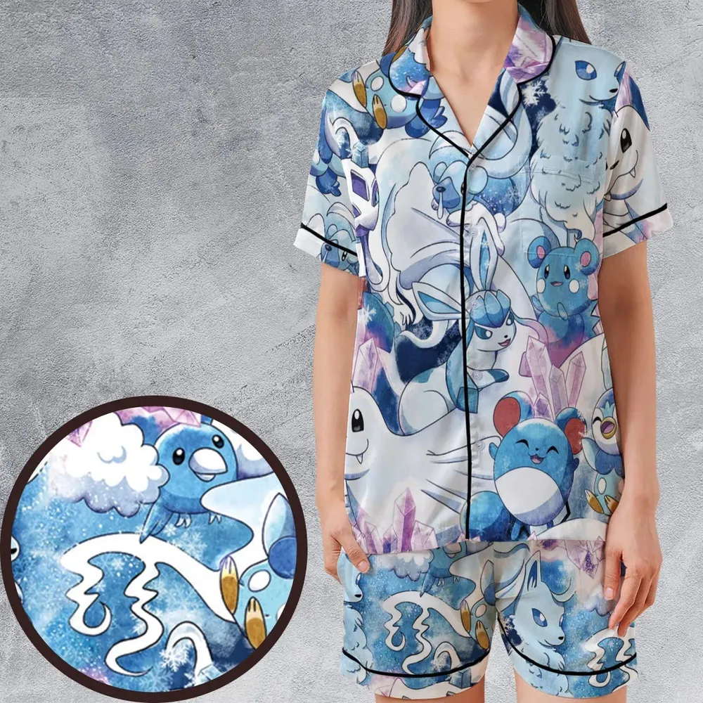 Winter Friends Pokemon Pattern Satin Short-Sleeve Pajamas Set - 1