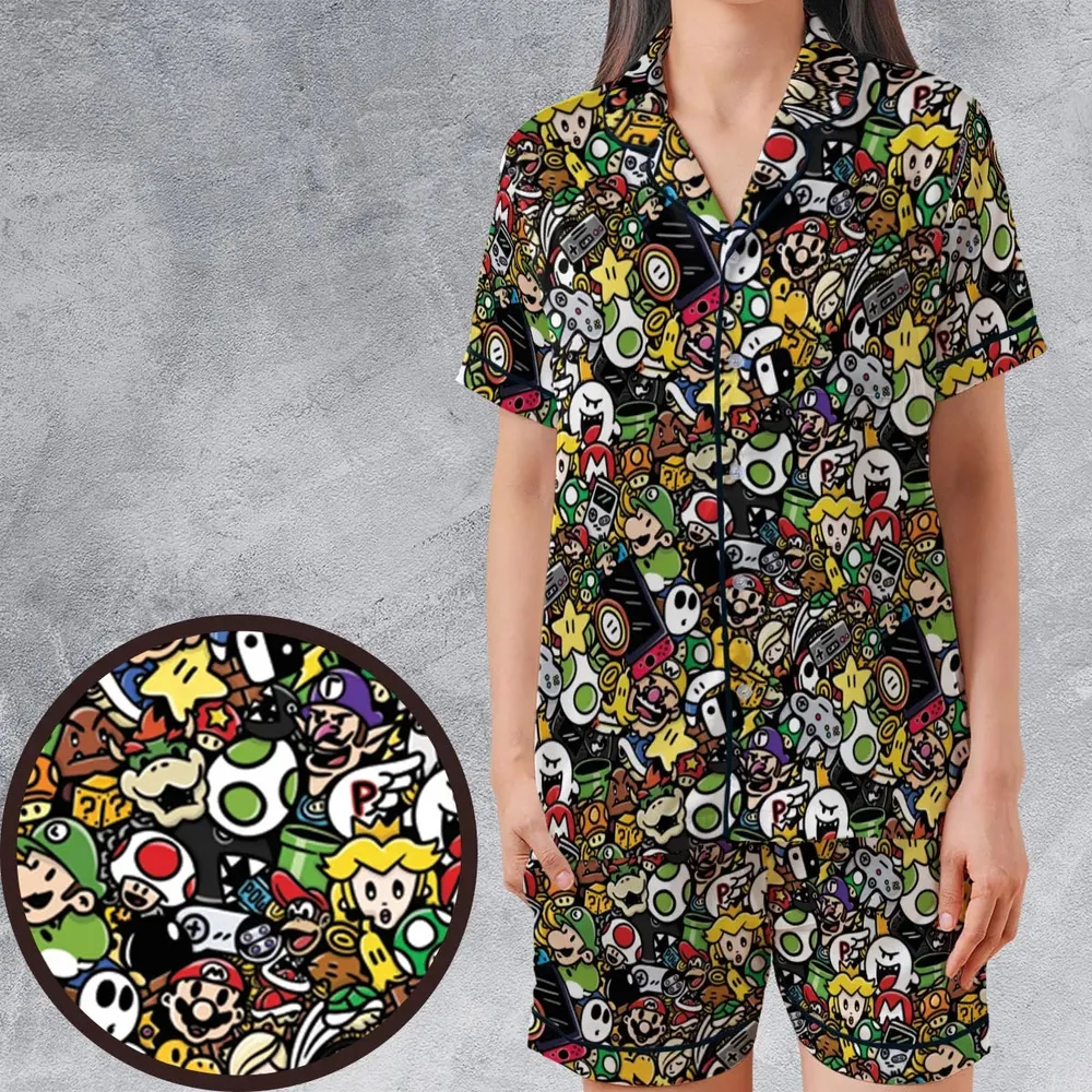 Super Mario Characters All In One Pattern Satin Short-Sleeve Pajamas Set - 1