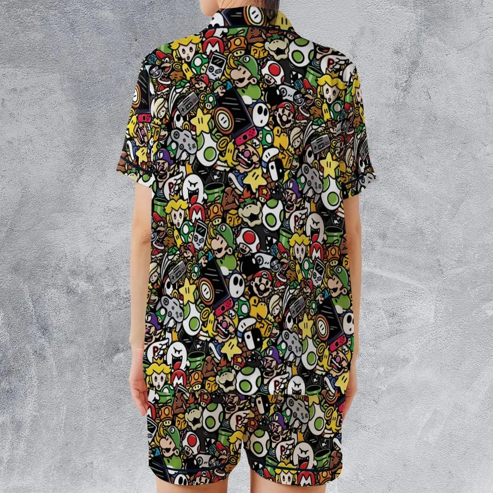 Super Mario Characters All In One Pattern Satin Short-Sleeve Pajamas Set - 2