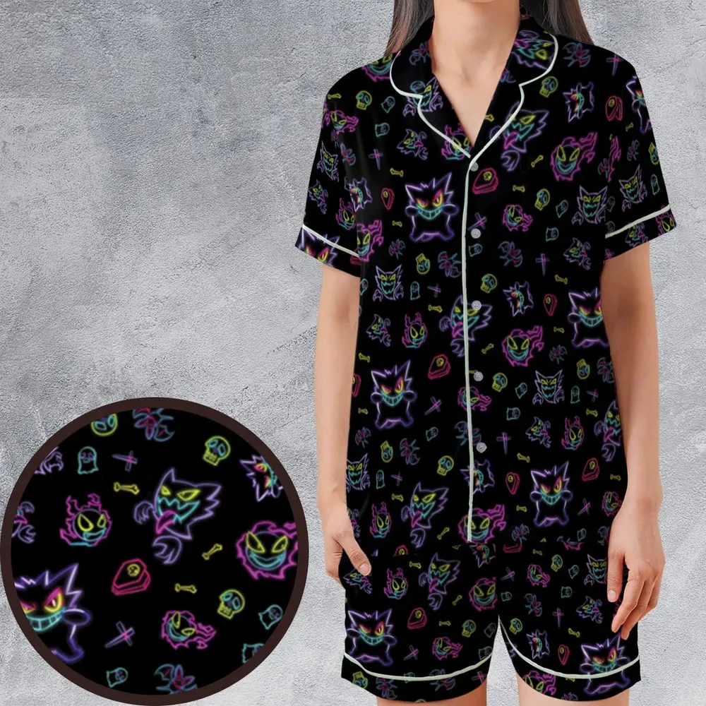 Neon Gastly Haunter Gengar Pokemon Satin Short-Sleeve Pajamas Set - 1