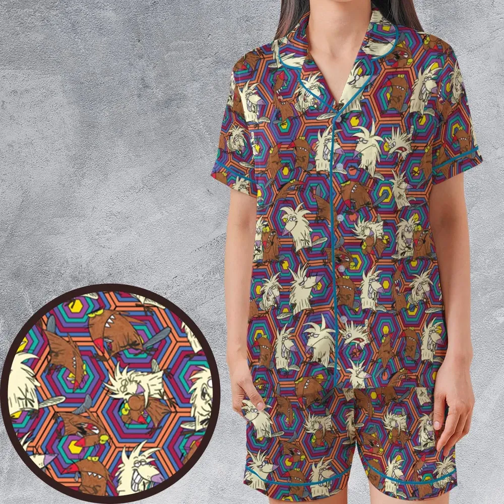 The Angry Beavers Pattern Satin Short-Sleeve Pajamas Set - 1