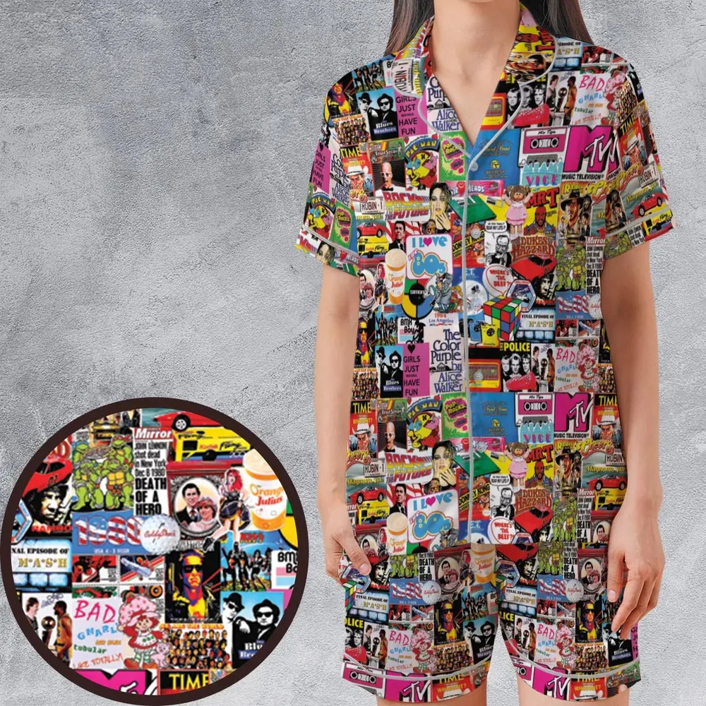 I heart 80s Collage Mr. T Back To the Future Pac-man Satin Short-Sleeve Pajamas Set - 1