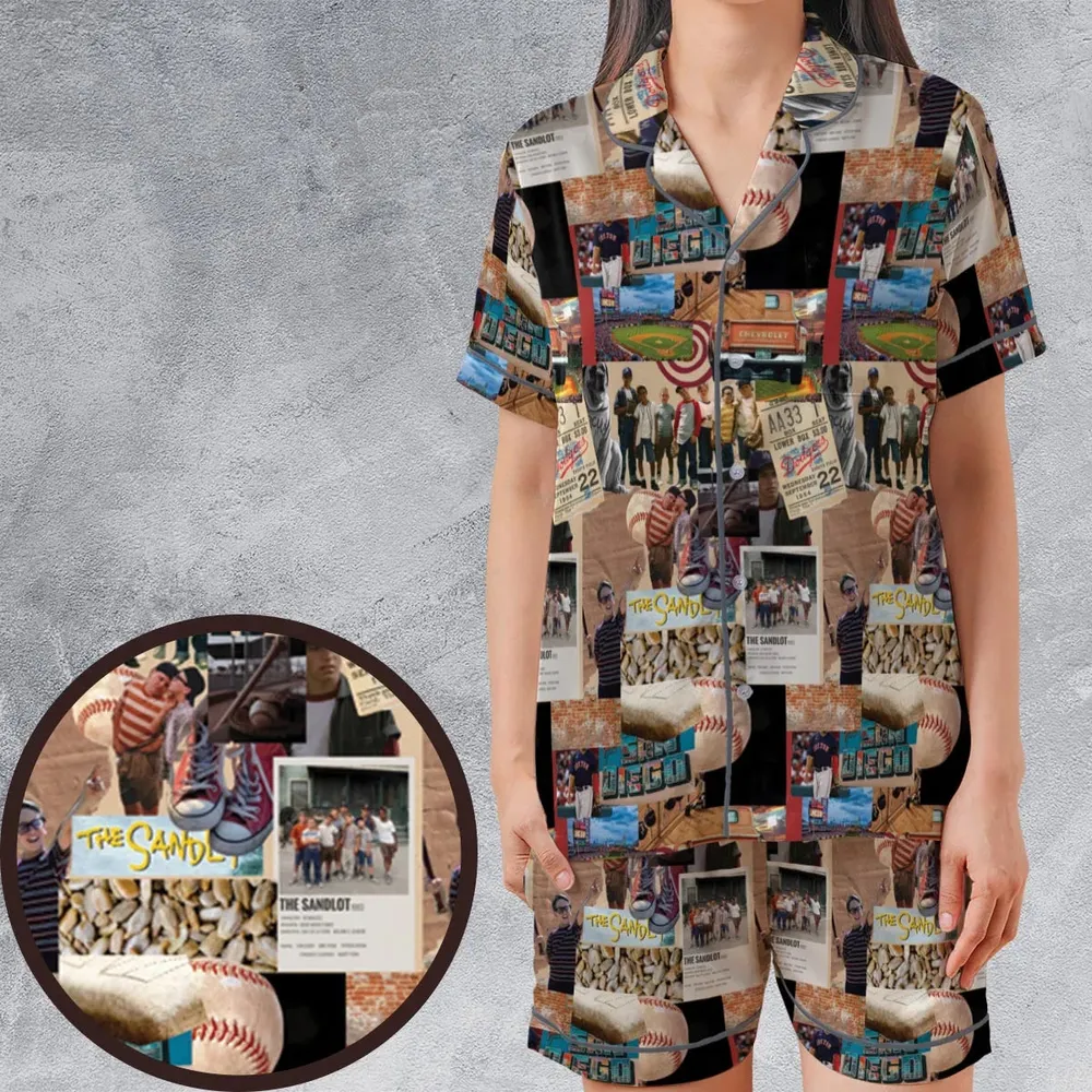 Memorable Baseball Movie Scenes Collage The Sandlot Satin Short-Sleeve Pajamas Set - 1