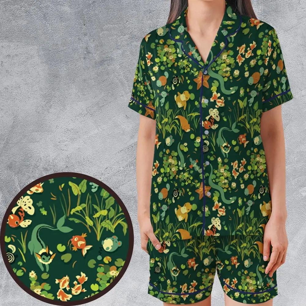 Floating In A Pond Magikarp Psyduck Vaporeon Water Pokemon Satin Short-Sleeve Pajamas Set - 1