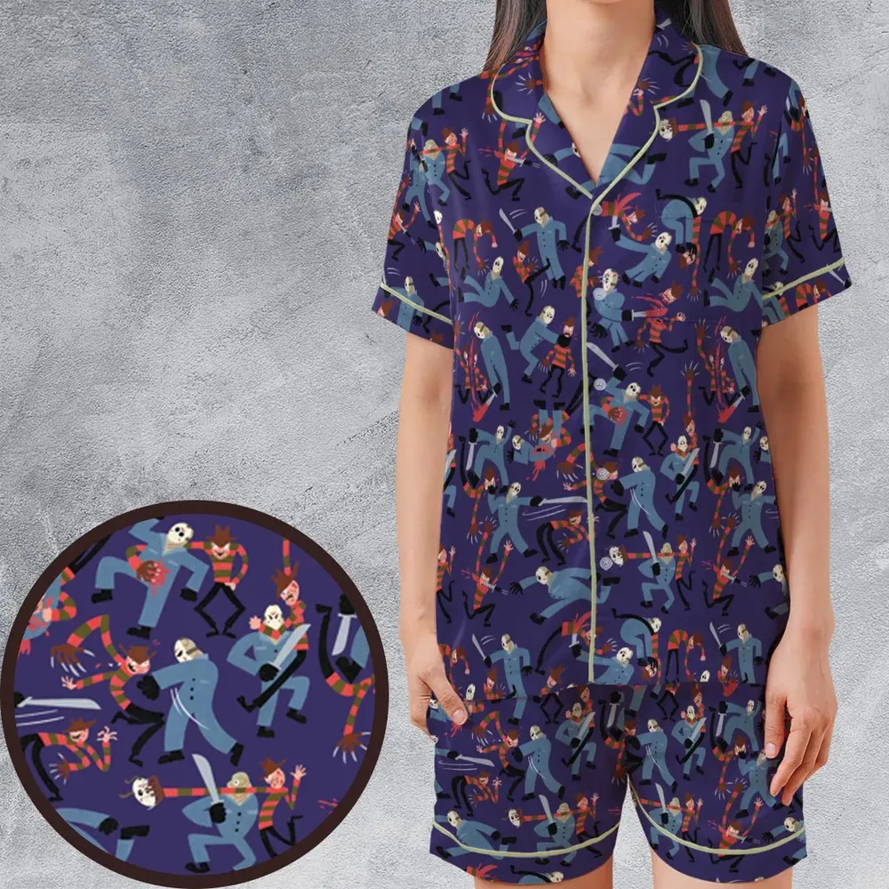 The Battle Freddy vs Jason Nightmare on Elm Street Friday the 13th Satin Short-Sleeve Pajamas Set - 1