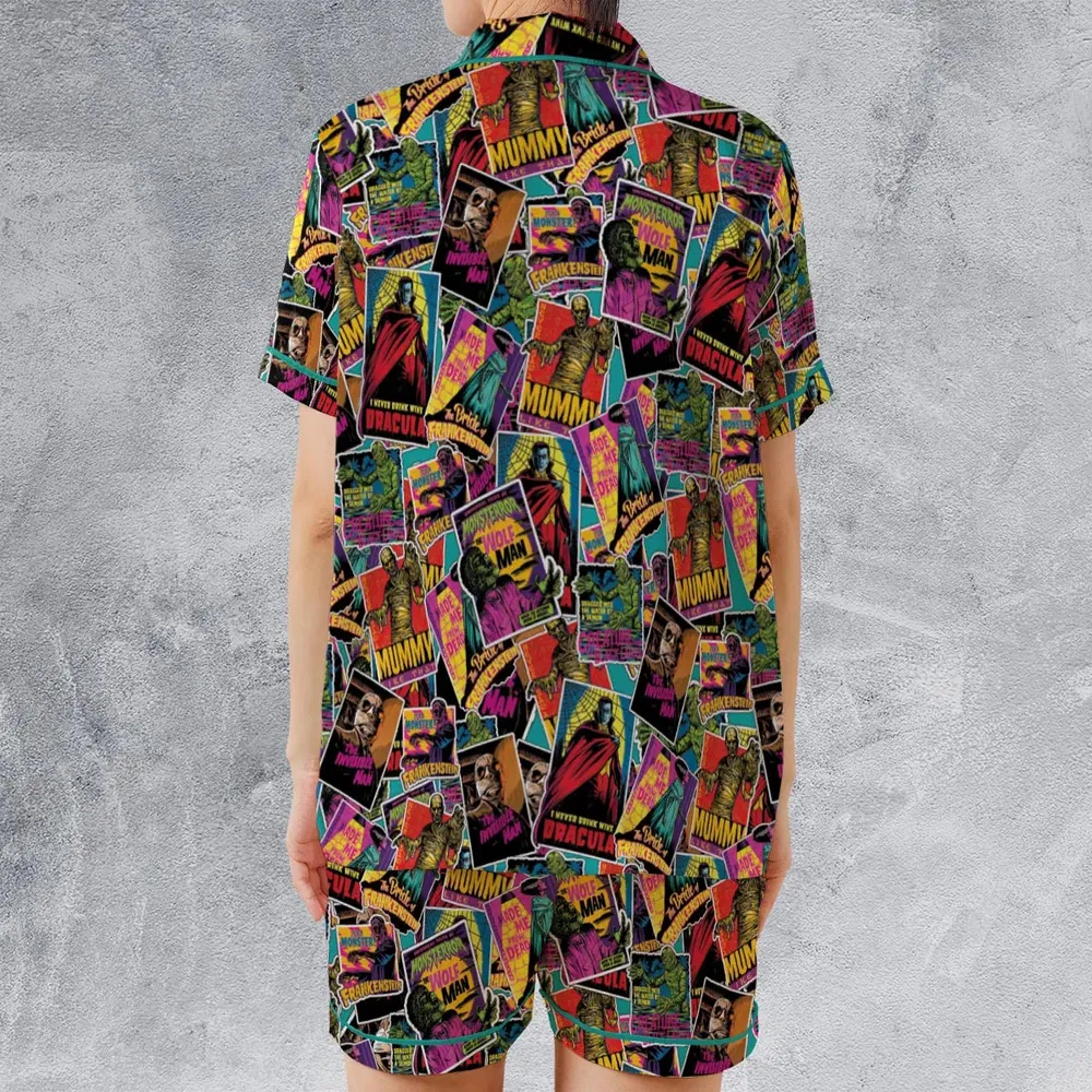 Multi Monster Pop Badges Satin Short-Sleeve Pajamas Set - 2