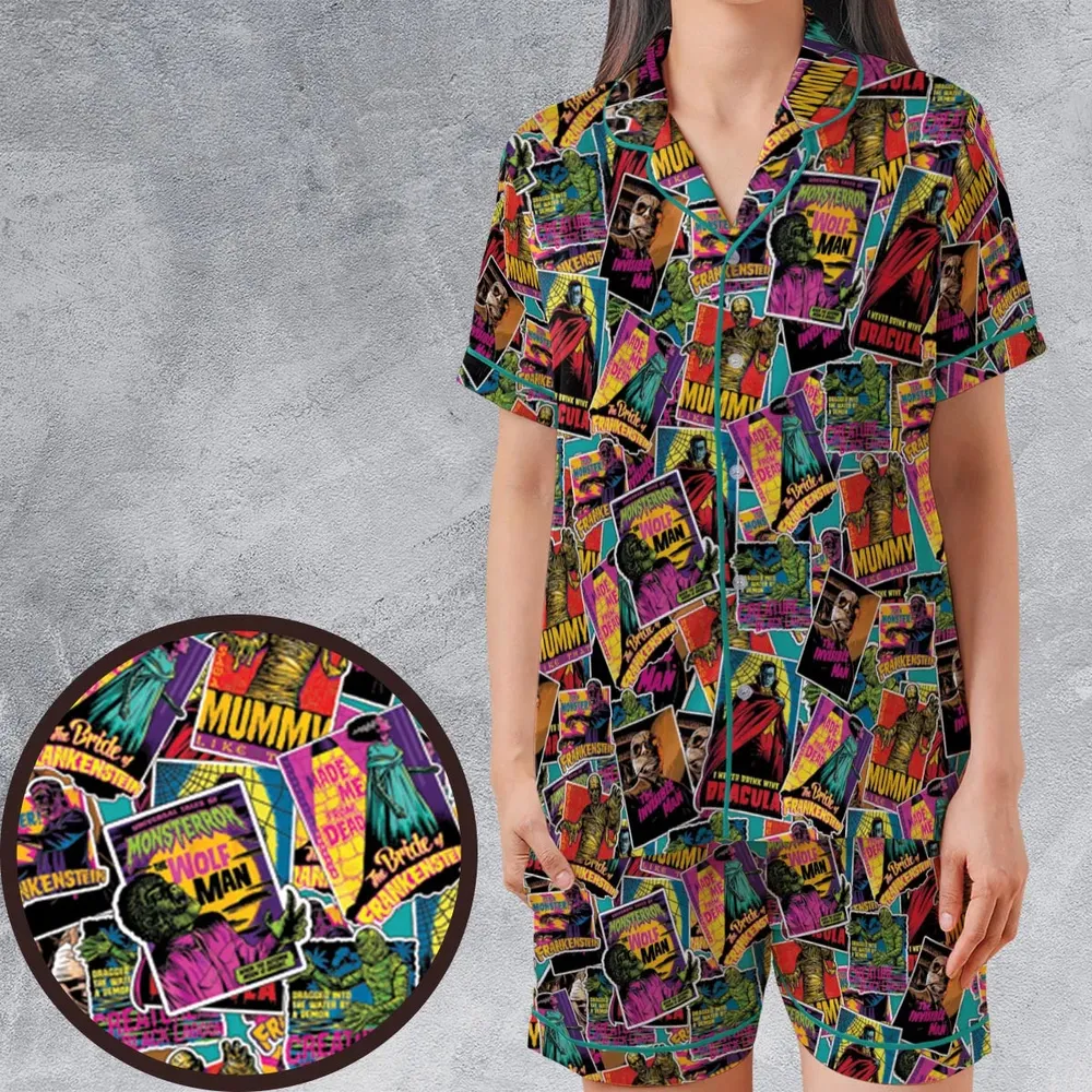Multi Monster Pop Badges Satin Short-Sleeve Pajamas Set - 1