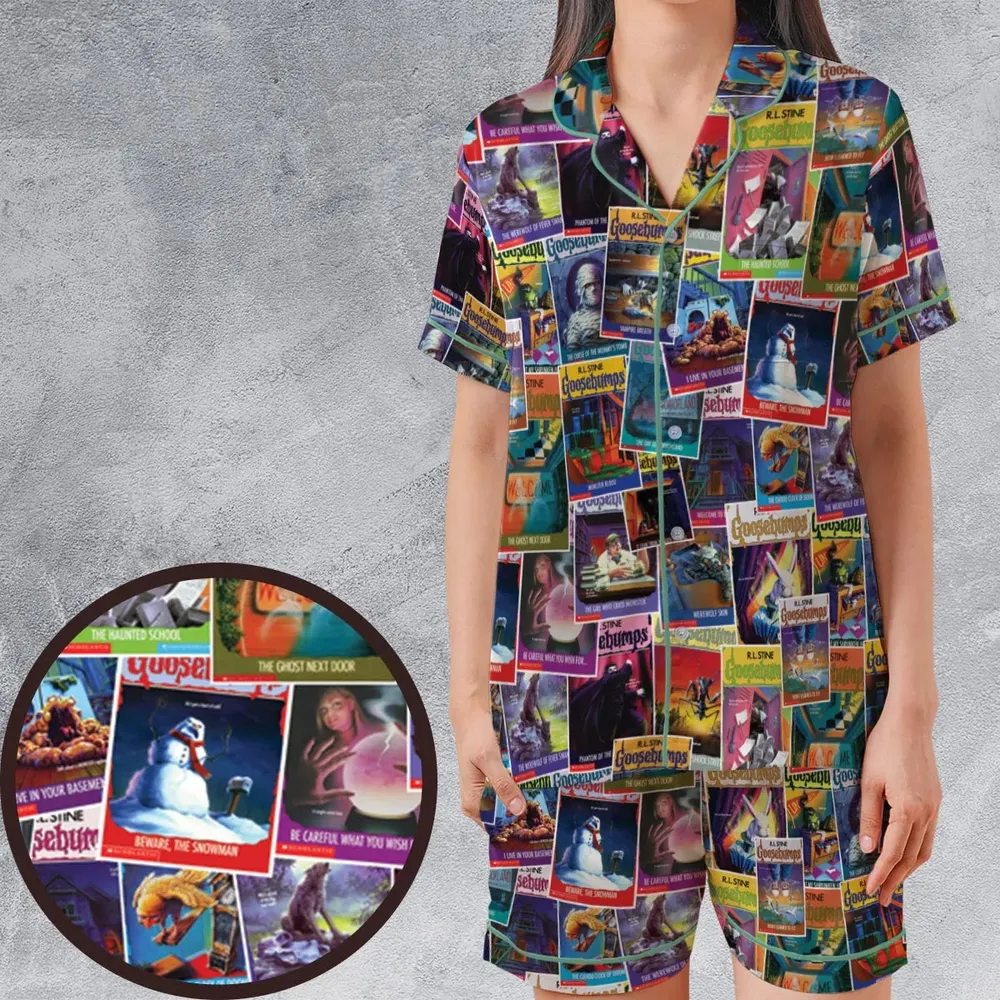 Goosebumps Monster Collage Pattern Satin Short-Sleeve Pajamas Set - 1