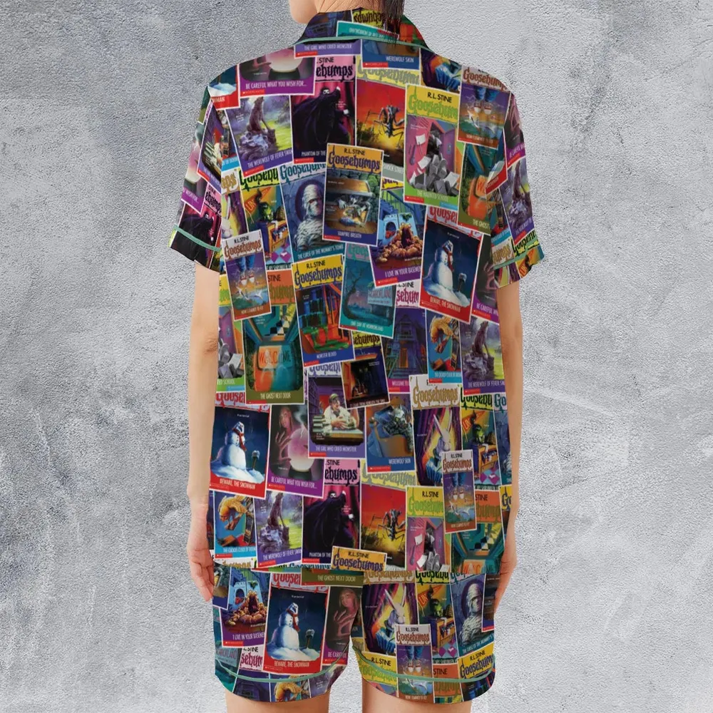 Goosebumps Monster Collage Pattern Satin Short-Sleeve Pajamas Set - 2