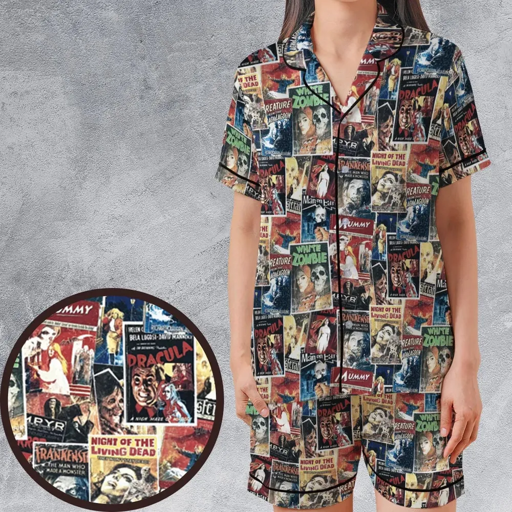 Pioneering '50s Classics Monster Hammer Horror Films Satin Short-Sleeve Pajamas Set - 1