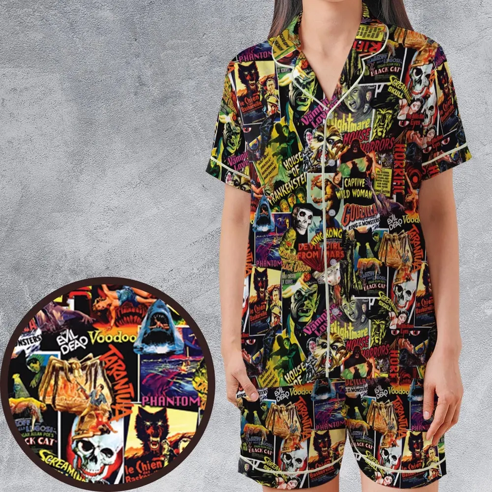 Fright Night Halloween Retro Horror Characters Collage Satin Short-Sleeve Pajamas Set - 1
