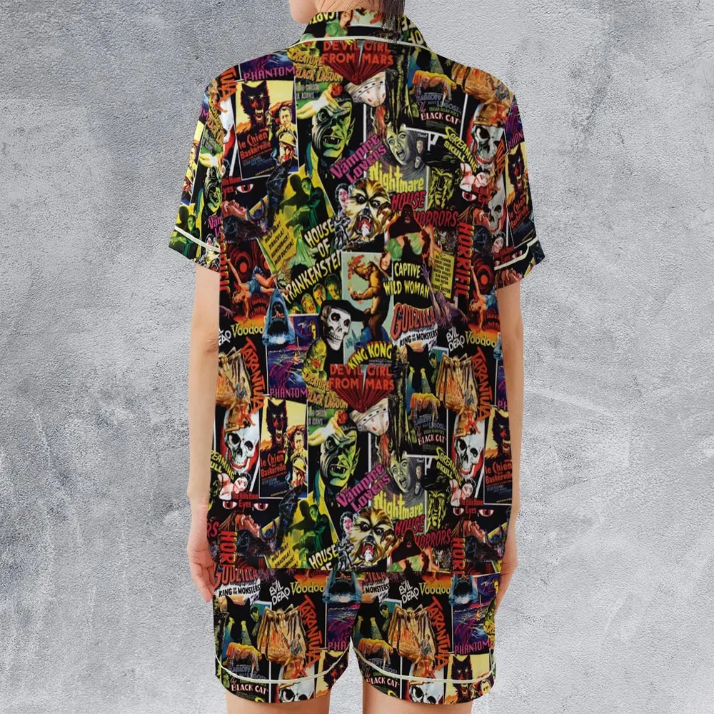Fright Night Halloween Retro Horror Characters Collage Satin Short-Sleeve Pajamas Set - 2