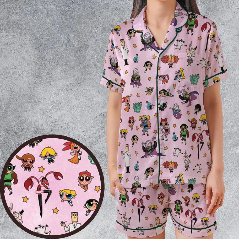 Power Puff Girls Characters Pattern Satin Short-Sleeve Pajamas Set - 1