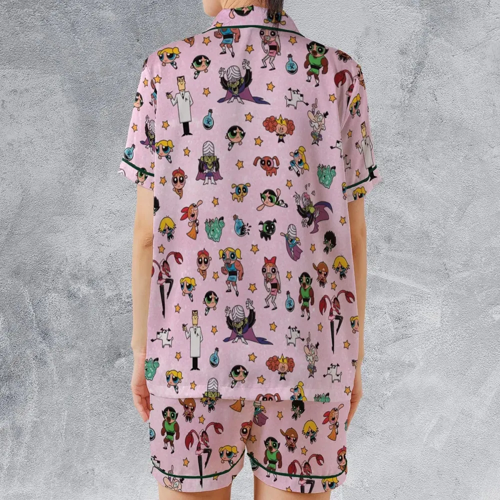 Power Puff Girls Characters Pattern Satin Short-Sleeve Pajamas Set - 2