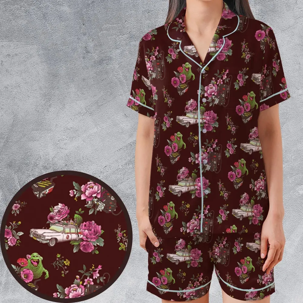 Slimer Ecto-1 Proton Pack Floral Ghostbusters Satin Short-Sleeve Pajamas Set - 1