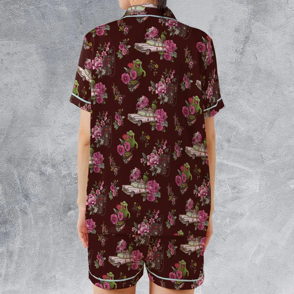 Slimer Ecto-1 Proton Pack Floral Ghostbusters Satin Short-Sleeve Pajamas Set - 2