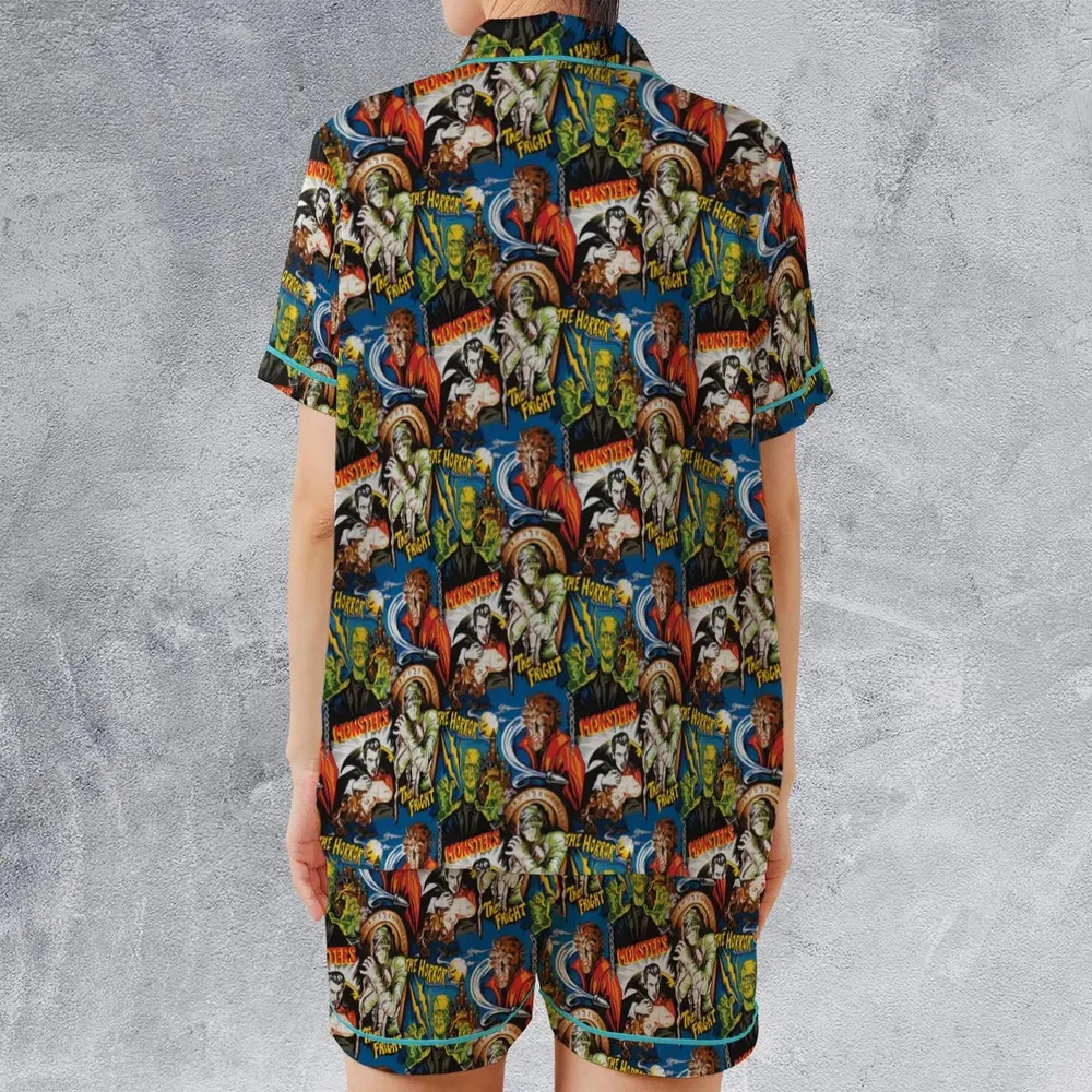 The Horror The Fright Dracula Frankenstein The Wolfman Monster Universal Pattern Satin Short-Sleeve Pajamas Set - 2