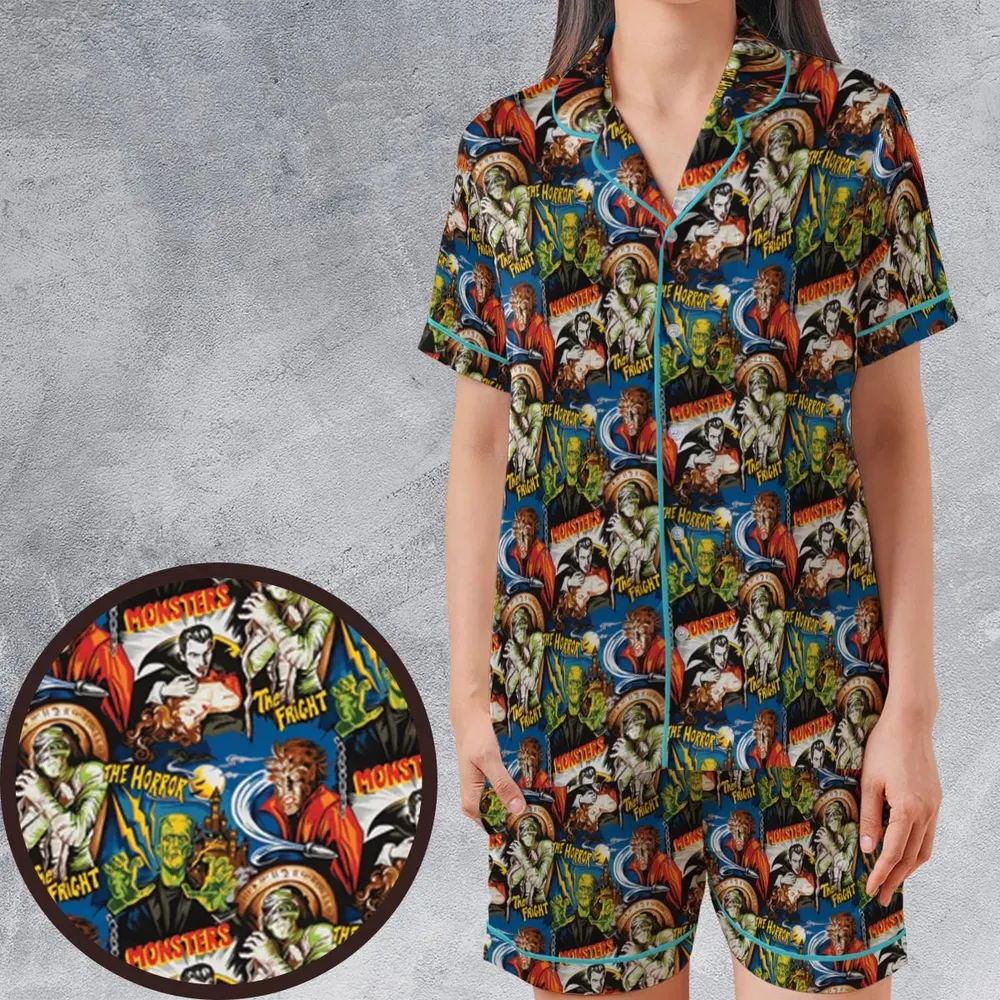 The Horror The Fright Dracula Frankenstein The Wolfman Monster Universal Pattern Satin Short-Sleeve Pajamas Set - 1