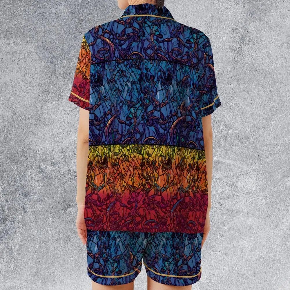 Stained Glass Cthulhu H.P Lovecraft Satin Short-Sleeve Pajamas Set - 2