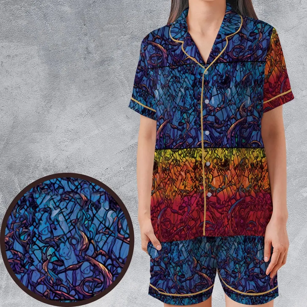 Stained Glass Cthulhu H.P Lovecraft Satin Short-Sleeve Pajamas Set - 1