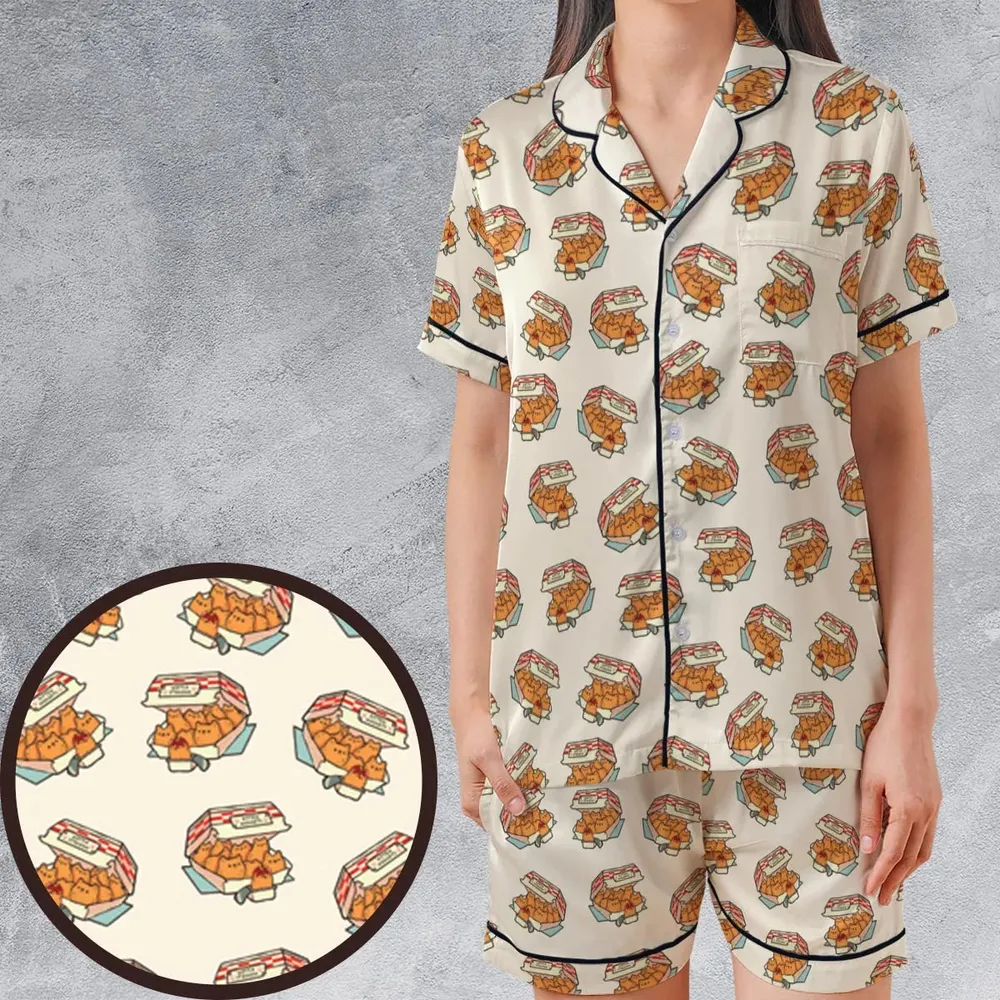 Kitten Nuggets Pattern Satin Short-Sleeve Pajamas Set - 1