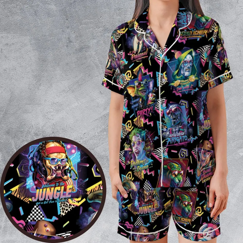 Retro Horror Characters Halloween Satin Short-Sleeve Pajamas Set - 1