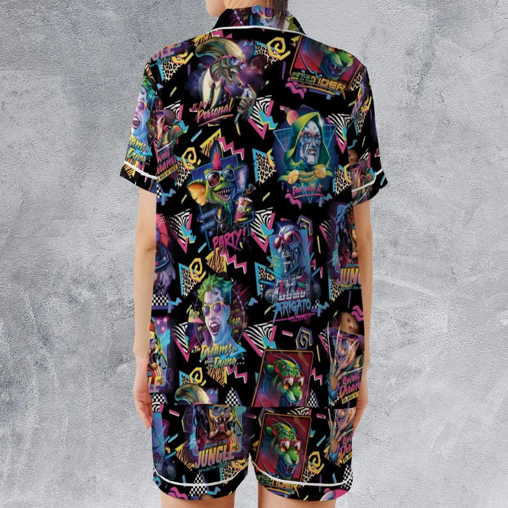 Retro Horror Characters Halloween Satin Short-Sleeve Pajamas Set - 2