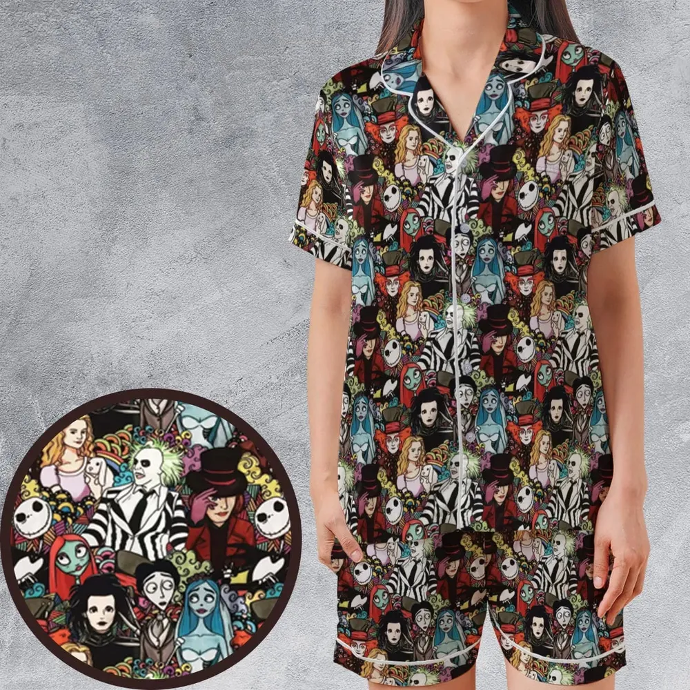 Tim Burton Characters Halloween Satin Short-Sleeve Pajamas Set - 1