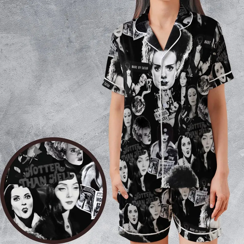 Horror Ladies Slay Collage Classic Horror Movies Satin Short-Sleeve Pajamas Set - 1