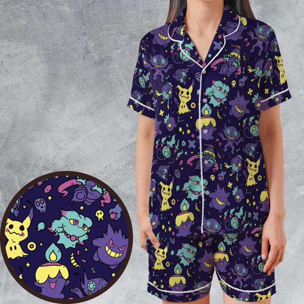 Gengar Ghost Pokemon Pattern Satin Short-Sleeve Pajamas Set - 1