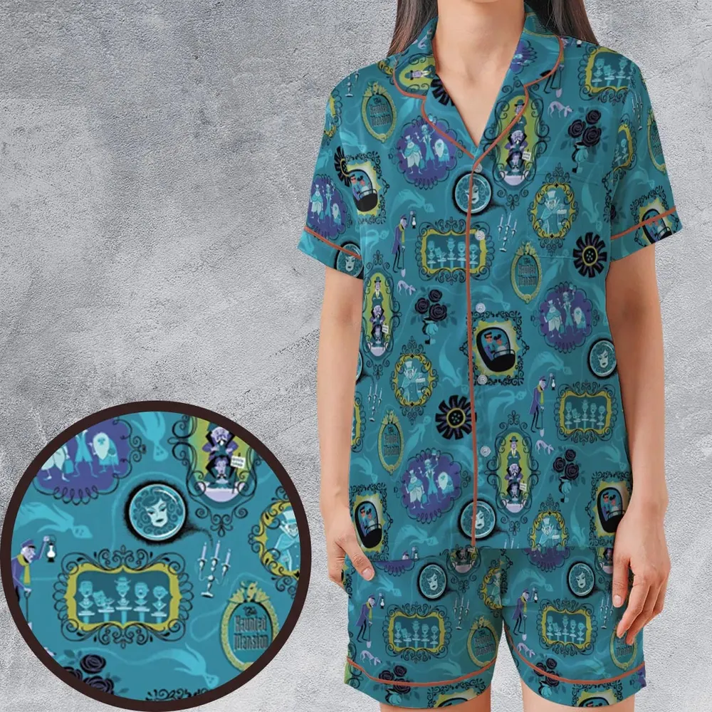 Haunted Mansion Pattern Satin Short-Sleeve Pajamas Set - 1