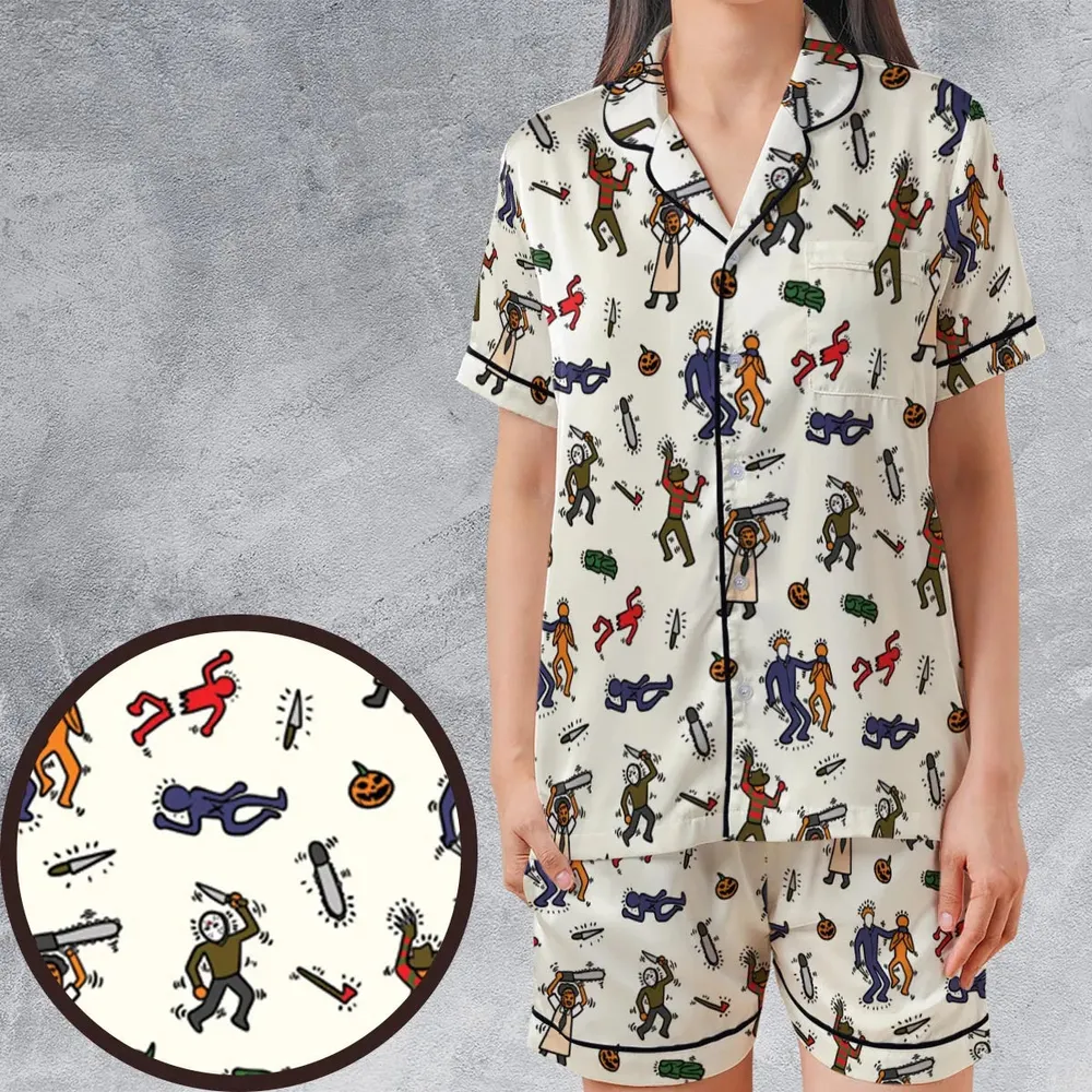 Horror Movie Pop Characters Pattern Satin Short-Sleeve Pajamas Set - 1