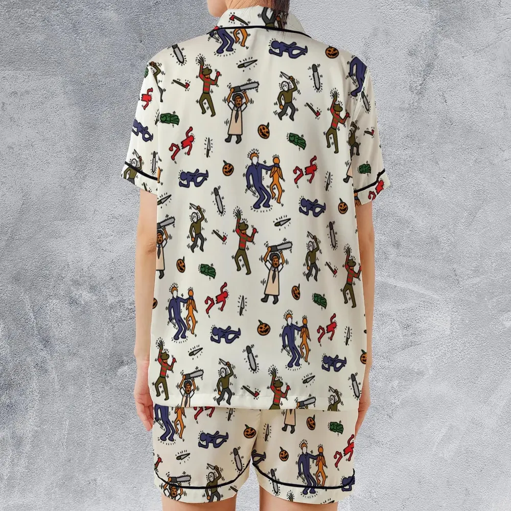 Horror Movie Pop Characters Pattern Satin Short-Sleeve Pajamas Set - 2