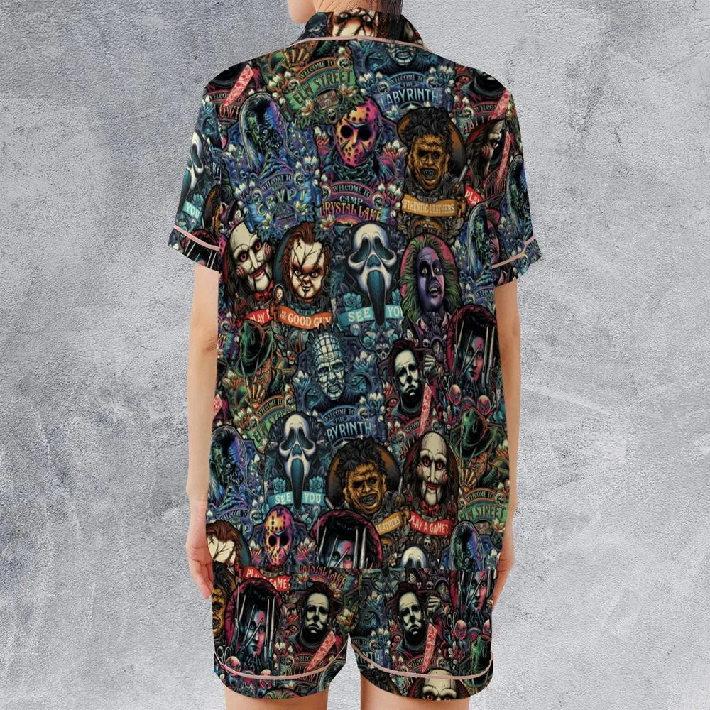 Horror Movie Characters Pattern Satin Short-Sleeve Pajamas Set - 2