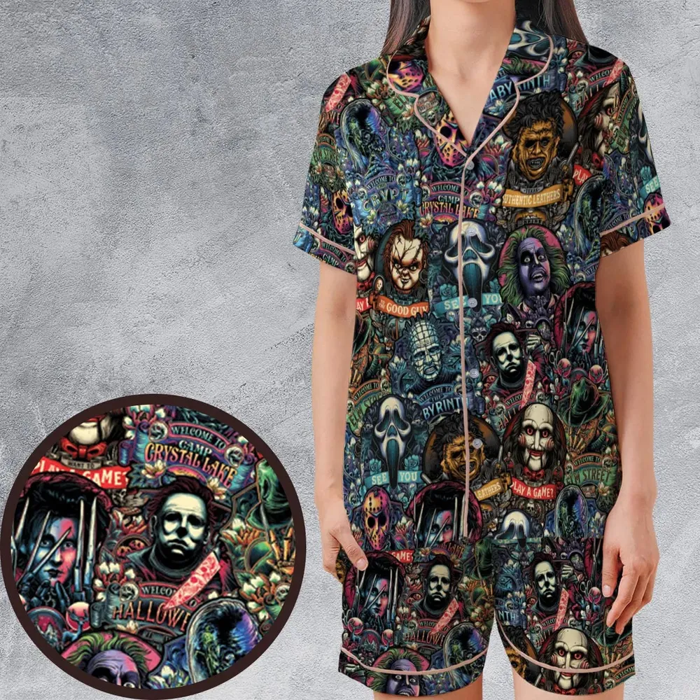 Horror Movie Characters Pattern Satin Short-Sleeve Pajamas Set - 1