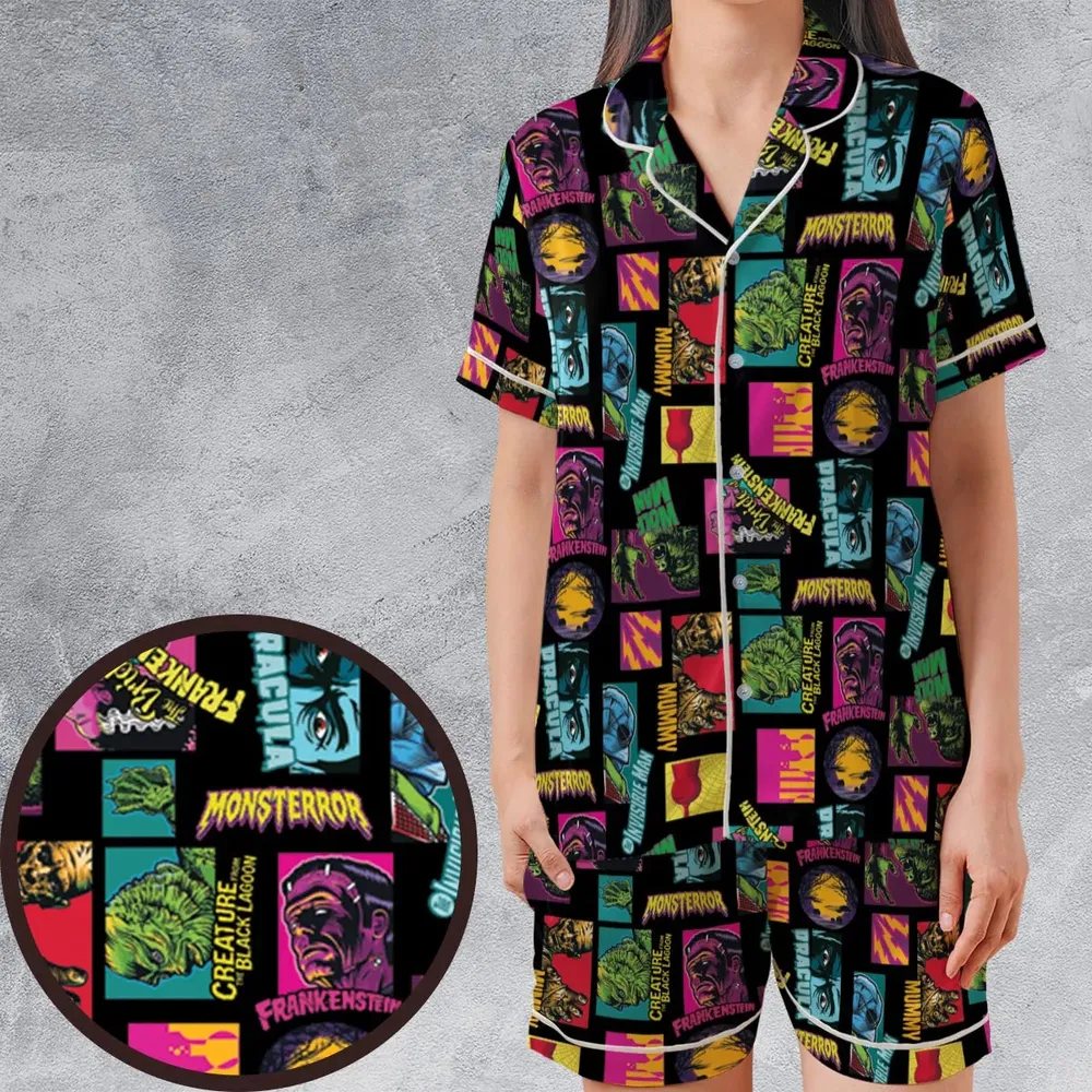 Monster Pop Movies Halloween Satin Short-Sleeve Pajamas Set - 1