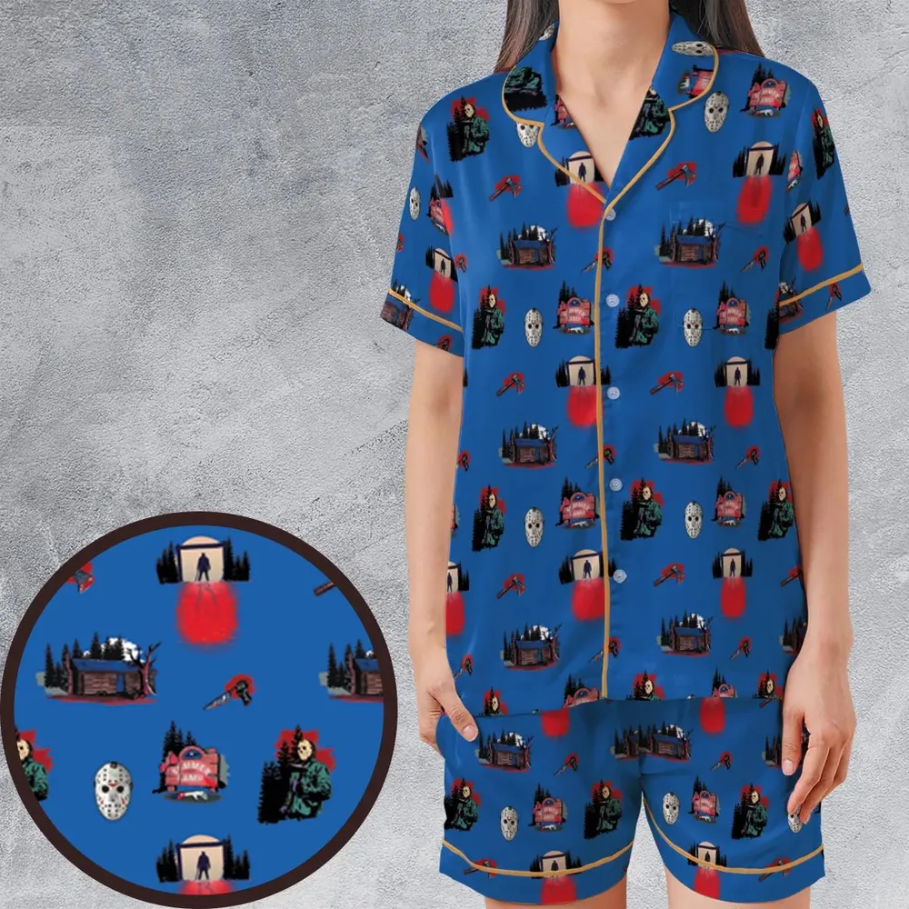 Jason Vorhees Camp Crystal Lake Halloween Satin Short-Sleeve Pajamas Set - 1