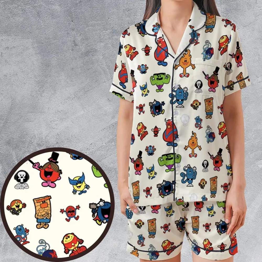Marvel Characters And Mr Men Pattern Satin Short-Sleeve Pajamas Set - 1