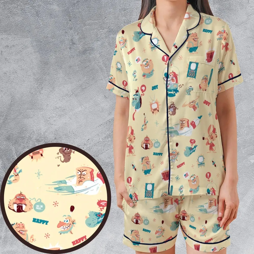 Ren and Stimpy Pattern Satin Short-Sleeve Pajamas Set - 1