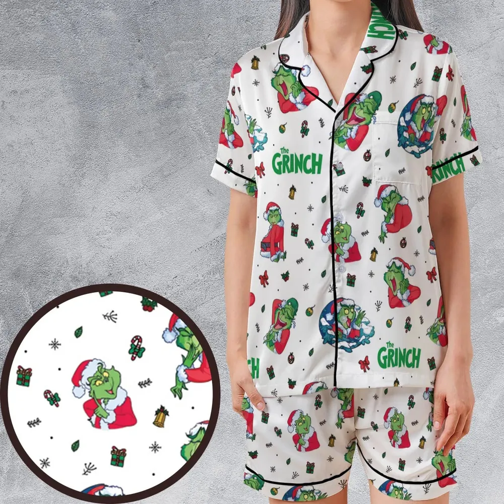 How the Grinch Stole Christmas Pattern Satin Short-Sleeve Pajamas Set - 1