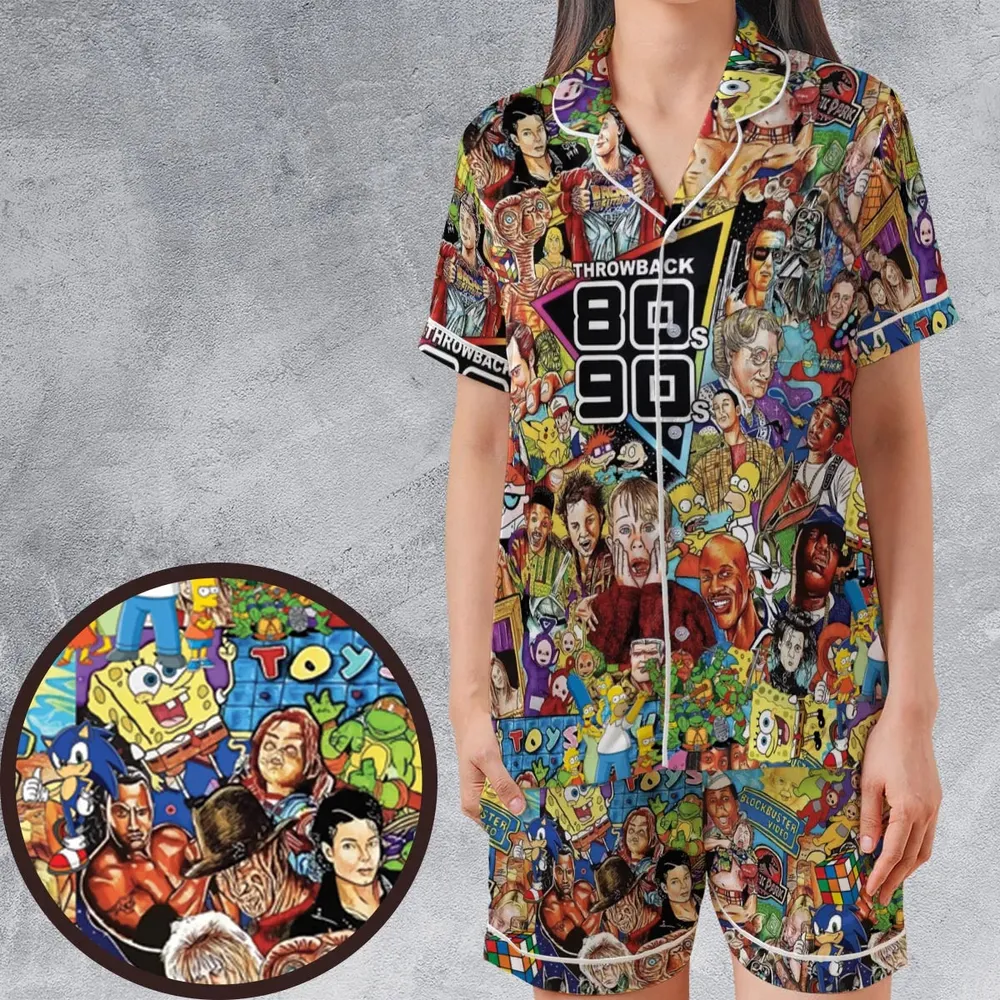 Throwback 80s 90s Pattern Satin Short-Sleeve Pajamas Set - 1