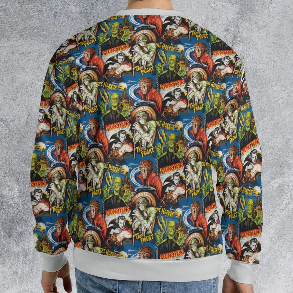 The Horror The Fright Dracula Frankenstein The Wolfman Monster Universal Pattern All-over Print Sweatshirt - 2