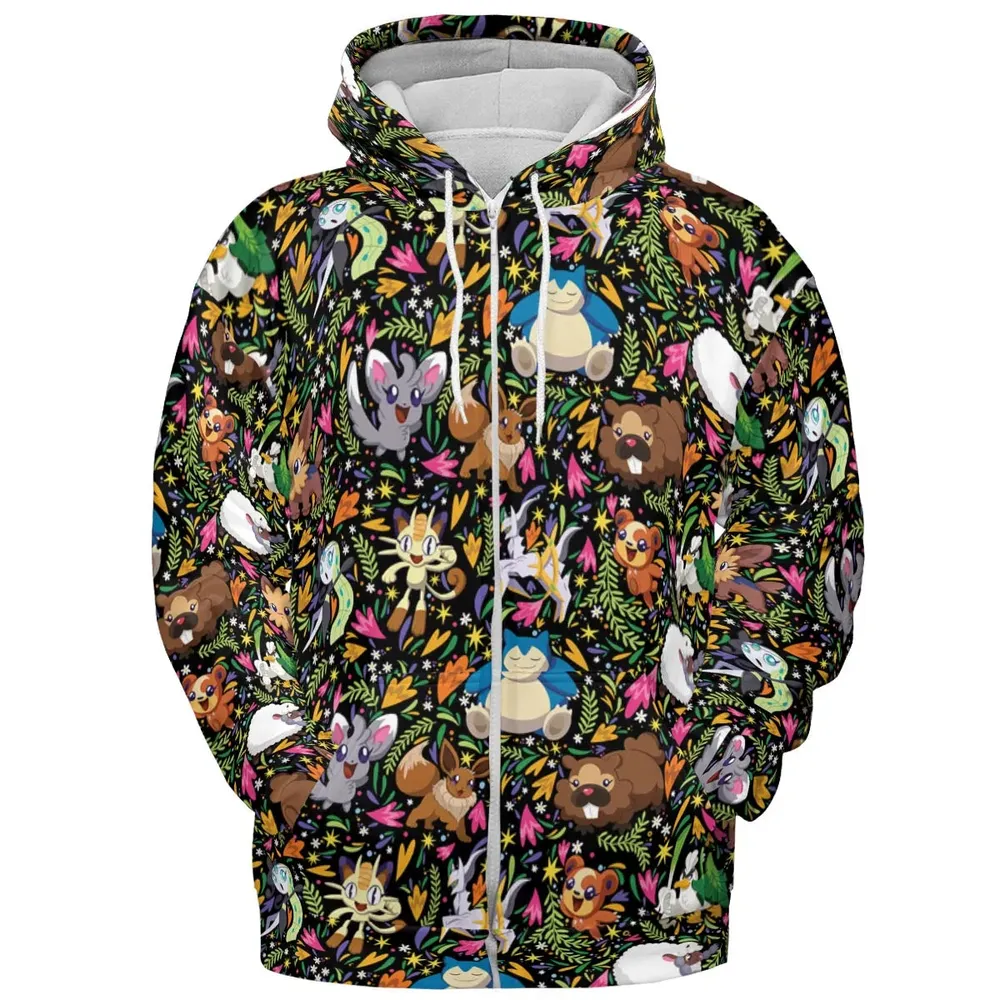 Floral Snorlax Bidoof Eevee Meloetta Pokemon All-over Print Hoodie - 3