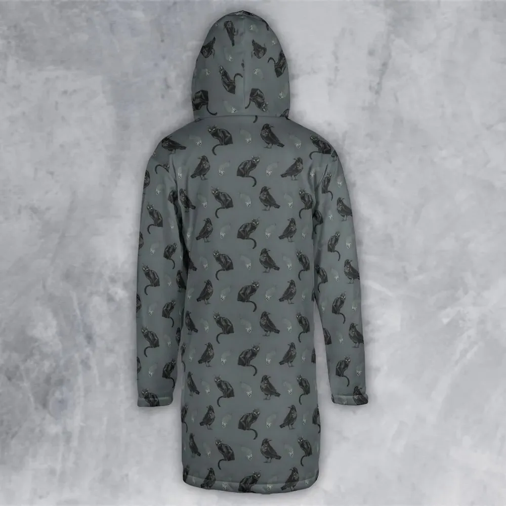 Cat and Raven Edgar Allan Poe Pattern Hooded Cloak Coat - 3