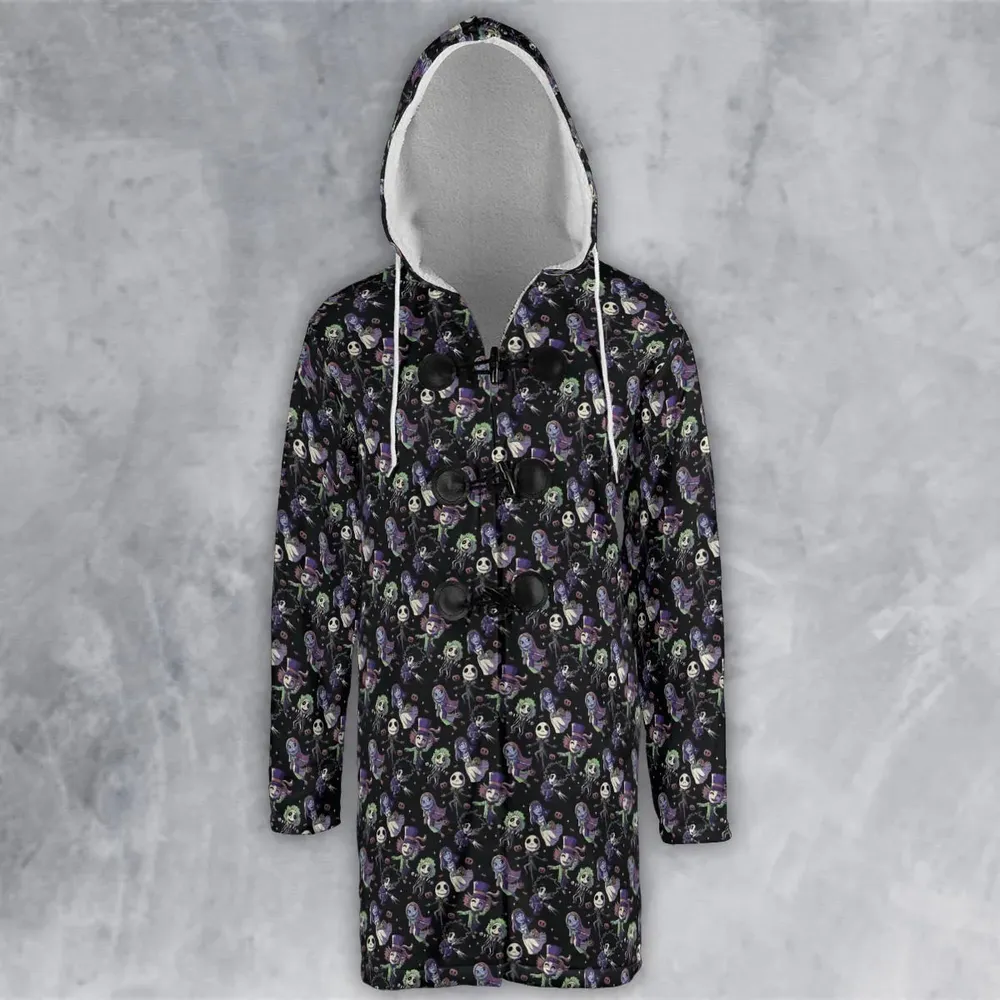 Buttons Characters Pattern Hooded Cloak Coat - 2