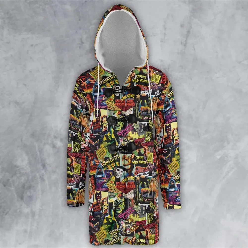 Fright Night Halloween Retro Horror Characters Collage Hooded Cloak Coat - 2